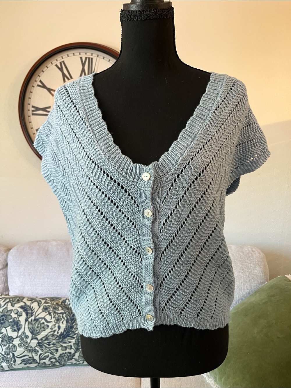 Vigoss Pale Blue Openwork V-Neck Button Cardigan